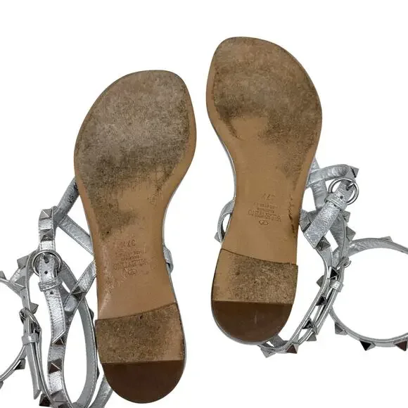 Valentino Garavani Silver Rockstud Flat Sandals Studded Leather Size 37.5 - Picture 7 of 10